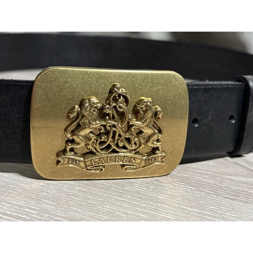 Lauren Ralph Lauren Black Leather Belt Gold Lion Crest Trophy Buckle Designer